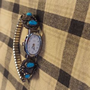 Vintage Native American Turquoise Sterling Silver Watch Bracelet
